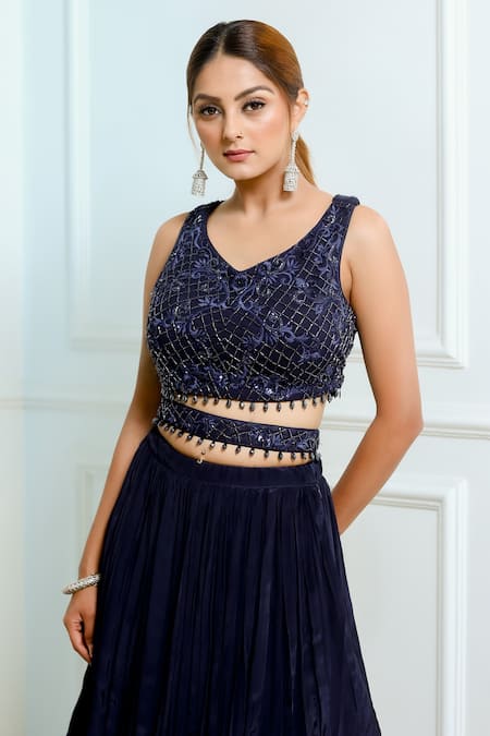 Shop_Sangeeta Swati_Blue Net, Viscose Crepe Crystal, Cutdana, Lehenga With Embroidered Blouse _Online_at_Aza_Fashions