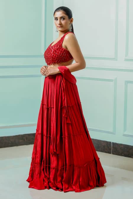 Sangeeta Swati Red Viscose Crepe Embroidered Sequin V Neck Tiered Skirt Set 