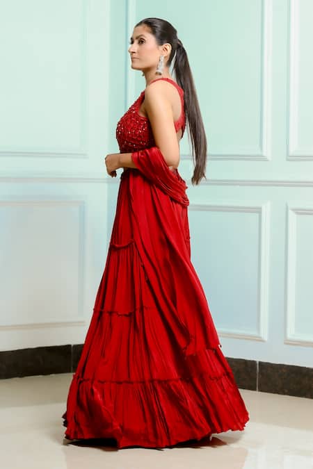 Sangeeta Swati_Red Net, Viscose Crepe Crystal, Cutdana, Geometric, Resham, Tiered Skirt Set _Online_at_Aza_Fashions