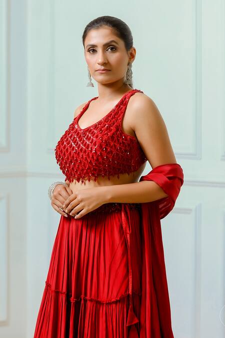 Buy_Sangeeta Swati_Red Net, Viscose Crepe Crystal, Cutdana, Geometric, Resham, Tiered Skirt Set _Online_at_Aza_Fashions