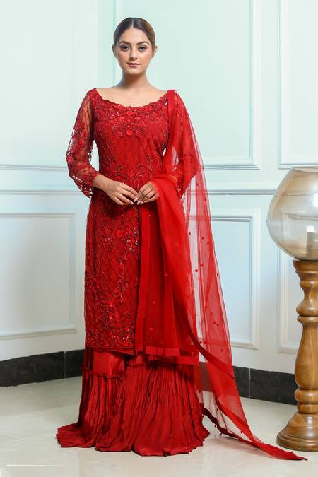 Sangeeta Swati_Red Net, Viscose Crepe Crystal, Cutdana, Floral, Embroidered Kurta Gharara Set _Online_at_Aza_Fashions