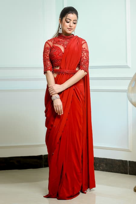 Red plain silk saree with blouse - Hirvanti Fashion - 3156893