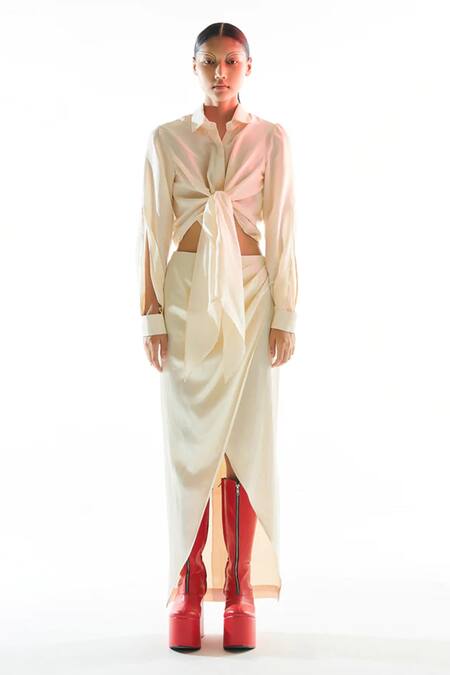 Buy_Aroka_White Mulberry Silk Collared Neck Shirt_Online_at_Aza_Fashions