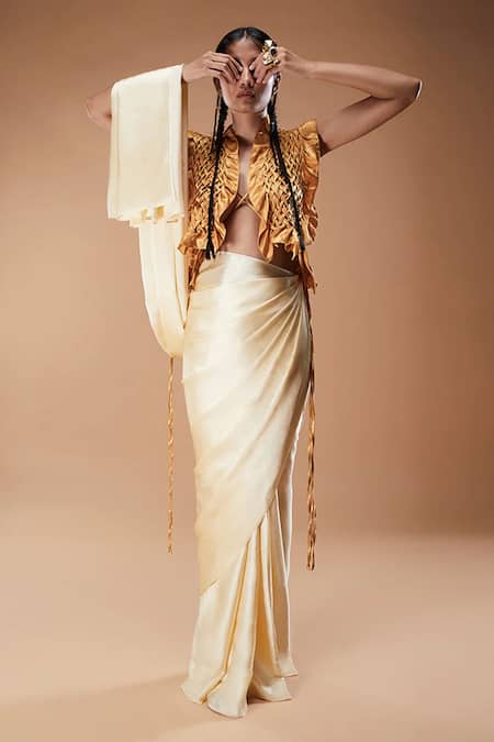 Aroka Yellow Vegan Mashru Silk Plain Open Phoenix Bib 