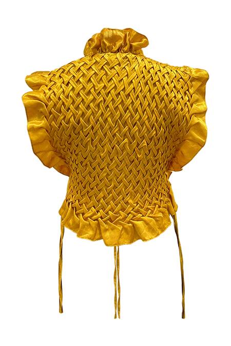 Shop_Aroka_Yellow Vegan Mashru Silk Plain Open Phoenix Bib_Online_at_Aza_Fashions