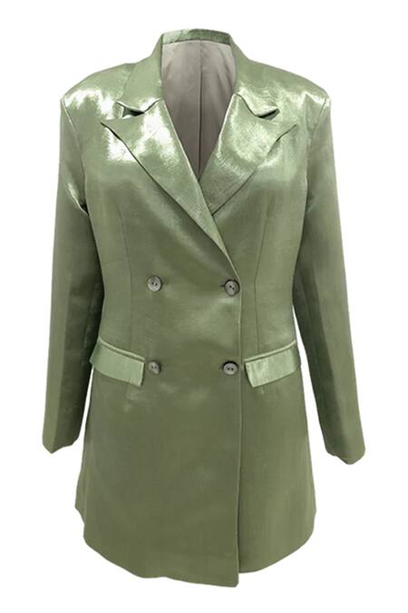 Aroka_Green Vegan Mashru Silk Pangea Blazer Dress_Online_at_Aza_Fashions
