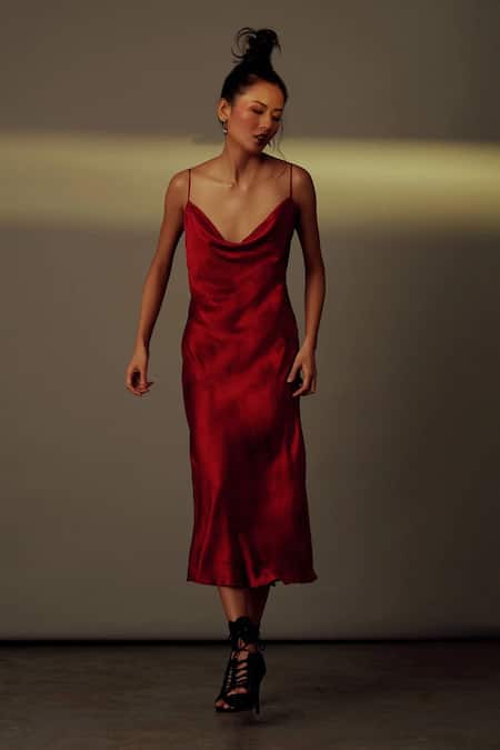 Shop_Aroka_Red Satin Silk Tie-dye Cowl Neck Tie Dye Dress_at_Aza_Fashions