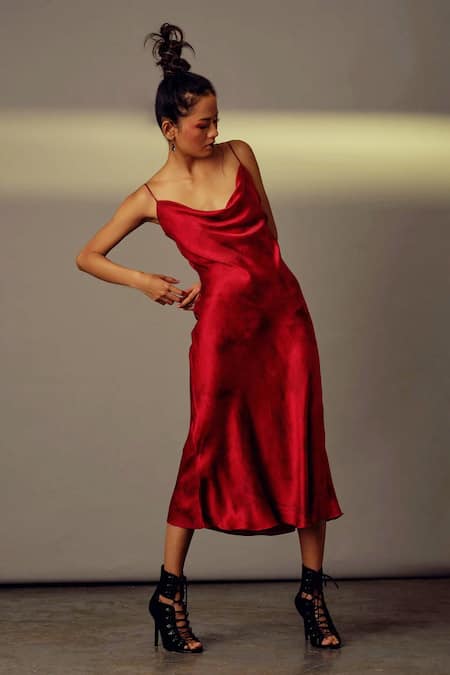 Aroka_Red Satin Silk Tie-dye Cowl Neck Tie Dye Dress_Online_at_Aza_Fashions