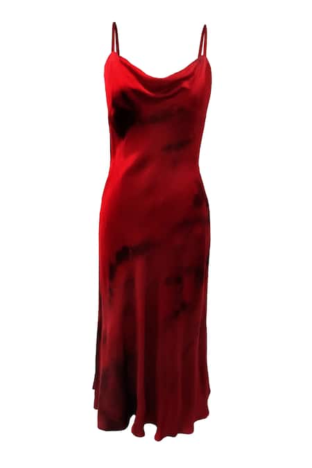 Aroka_Red Satin Silk Tie-dye Cowl Neck Tie Dye Dress_at_Aza_Fashions