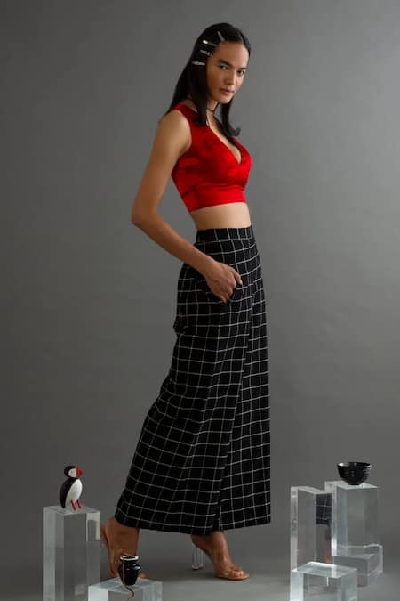 Aroka Red Vegan Mashru Plain V Neck Crop Top Online at Aza Fashions Aroka_Red Vegan Mashru Plain V Neck Crop Top_Online_at_Aza_Fashions