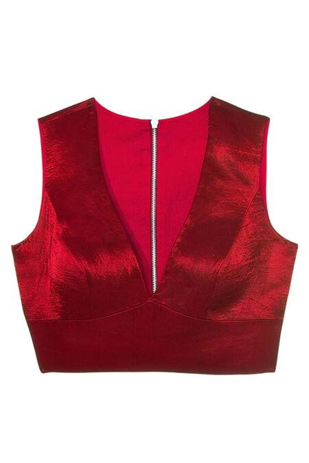 Buy Aroka Red Vegan Mashru Plain V Neck Crop Top Online at Aza Fashions Buy_Aroka_Red Vegan Mashru Plain V Neck Crop Top_Online_at_Aza_Fashions