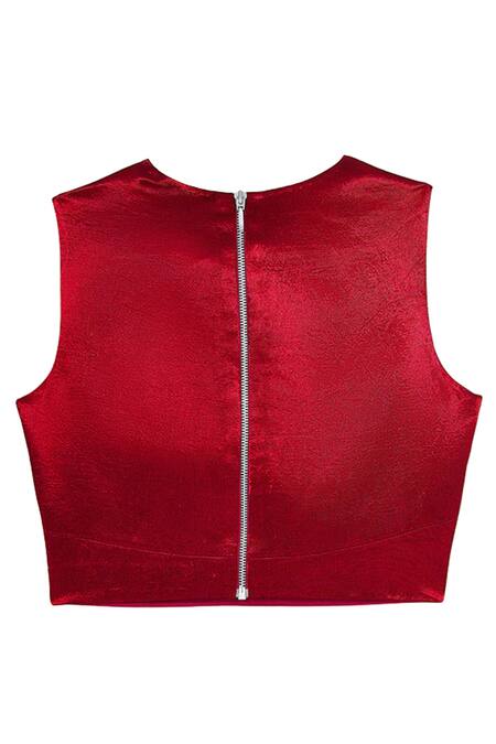 Shop Aroka Red Vegan Mashru Plain V Neck Crop Top Online at Aza Fashions Shop_Aroka_Red Vegan Mashru Plain V Neck Crop Top_Online_at_Aza_Fashions