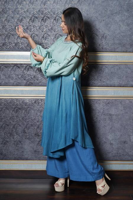 Leela By A_Blue Linen Thread And Sequin, Beads, Coin Round Ombre Kurta & Palazzo Set_Online_at_Aza_Fashions