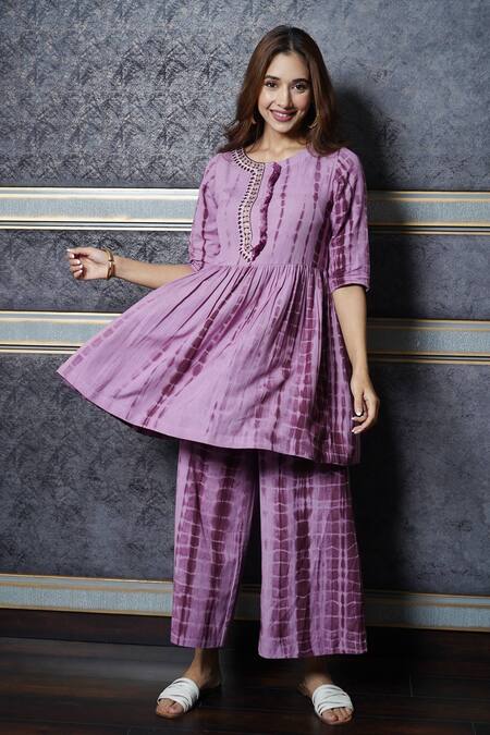Leela By A_Purple Linen Sequin, Thread And Beads, Tie & Dye Round Flared Kurta & Palazzo Set_Online_at_Aza_Fashions