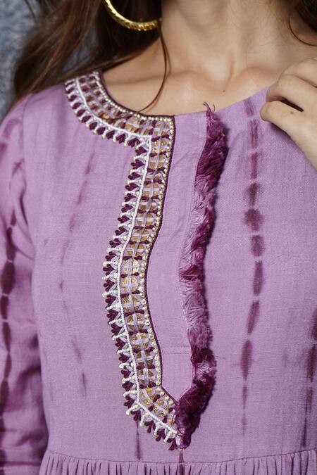 Shop_Leela By A_Purple Linen Sequin, Thread And Beads, Tie & Dye Round Flared Kurta & Palazzo Set_Online_at_Aza_Fashions