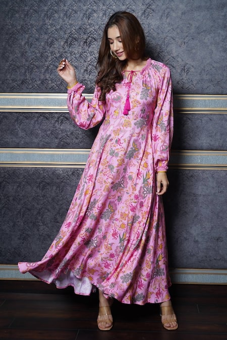 Leela By A_Pink Tencel Floral Print Round Maxi Dress _Online_at_Aza_Fashions
