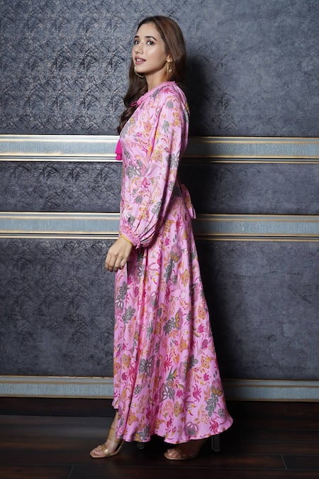 Buy_Leela By A_Pink Tencel Floral Print Round Maxi Dress _Online_at_Aza_Fashions