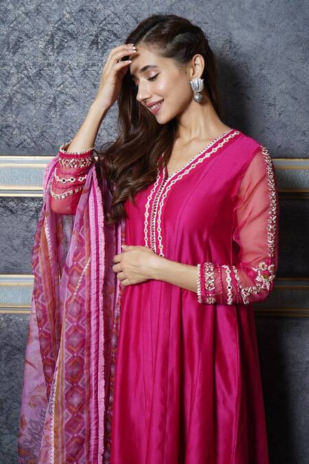 Leela By A_Pink Chanderi Geometric Print, Gota Patti, Mirror, Thread And Anarkali Salwar Set_Online_at_Aza_Fashions