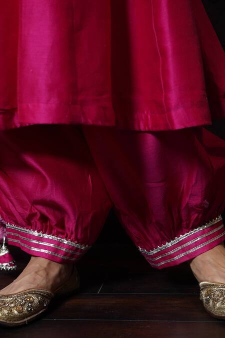 Shop_Leela By A_Pink Chanderi Geometric Print, Gota Patti, Mirror, Thread And Anarkali Salwar Set_Online_at_Aza_Fashions