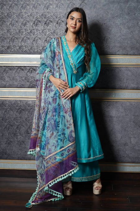 Leela By A Green Chanderi Floral Print, Gota Patti, Mirror, Sequin And Angrakha Kurta Set 