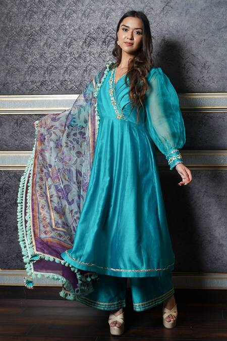 Leela By A Green Chanderi Floral Print, Gota Patti, Mirror, Sequin And Angrakha Kurta Set Online at Aza Fashions Leela By A_Green Chanderi Floral Print, Gota Patti, Mirror, Sequin And Angrakha Kurta Set _Online_at_Aza_Fashions