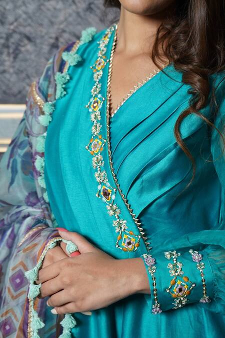 Buy Leela By A Green Chanderi Floral Print, Gota Patti, Mirror, Sequin And Angrakha Kurta Set Online at Aza Fashions Buy_Leela By A_Green Chanderi Floral Print, Gota Patti, Mirror, Sequin And Angrakha Kurta Set _Online_at_Aza_Fashions