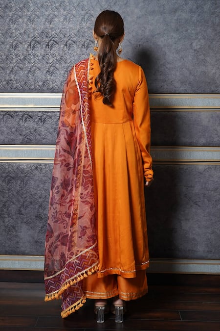 Shop Leela By A Orange Chanderi Floral Print, Gota Patti, Mirror, Sequin And Anarkali Palazzo Set at Aza Fashions Shop_Leela By A_Orange Chanderi Floral Print, Gota Patti, Mirror, Sequin And Anarkali Palazzo Set _at_Aza_Fashions