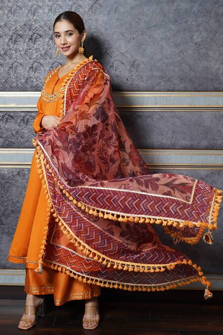 Leela By A Orange Chanderi Floral Print, Gota Patti, Mirror, Sequin And Anarkali Palazzo Set Online at Aza Fashions Leela By A_Orange Chanderi Floral Print, Gota Patti, Mirror, Sequin And Anarkali Palazzo Set _Online_at_Aza_Fashions