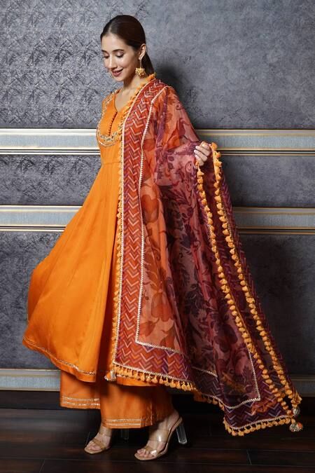 Buy Leela By A Orange Chanderi Floral Print, Gota Patti, Mirror, Sequin And Anarkali Palazzo Set Online at Aza Fashions Buy_Leela By A_Orange Chanderi Floral Print, Gota Patti, Mirror, Sequin And Anarkali Palazzo Set _Online_at_Aza_Fashions