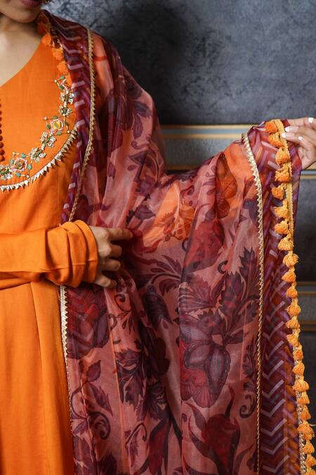 Shop Leela By A Orange Chanderi Floral Print, Gota Patti, Mirror, Sequin And Anarkali Palazzo Set Online at Aza Fashions Shop_Leela By A_Orange Chanderi Floral Print, Gota Patti, Mirror, Sequin And Anarkali Palazzo Set _Online_at_Aza_Fashions