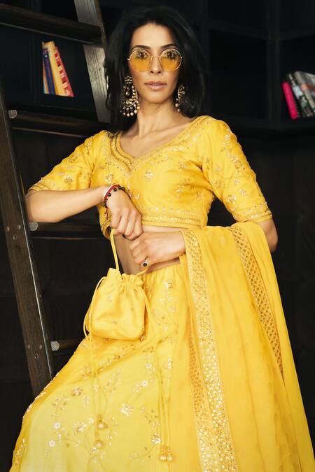 Rohini Bedi_Yellow Raw Silk Zardozi And Sequin Leaf Neck Floral Embroidered Lehenga Set _Online_at_Aza_Fashions