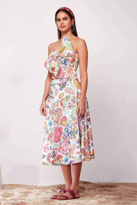 Siddhartha Bansal_Multi Color Cotton Linen Abstract , Block Sweetheart Bow Front Top_Online_at_Aza_Fashions