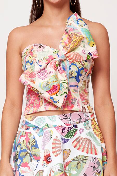 Buy_Siddhartha Bansal_Multi Color Cotton Linen Abstract , Block Sweetheart Bow Front Top_Online_at_Aza_Fashions