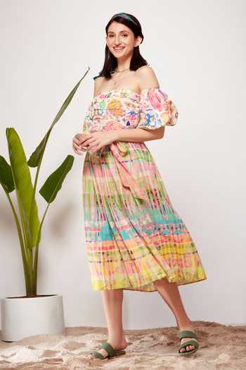 Siddhartha Bansal_Multi Color Cotton Linen Abstract , Paisley Block Off Shoulder Dress_Online_at_Aza_Fashions
