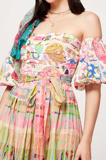 Buy_Siddhartha Bansal_Multi Color Cotton Linen Abstract , Paisley Block Off Shoulder Dress_Online_at_Aza_Fashions