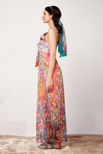 Siddhartha Bansal_Multi Color Crepe Abstract Print, Floral Print, Sunray Pleated Front Bow Dress_Online_at_Aza_Fashions