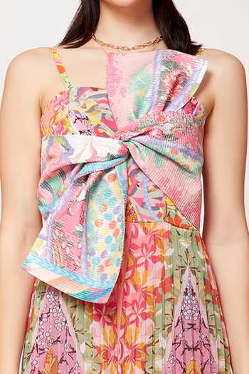 Buy_Siddhartha Bansal_Multi Color Crepe Abstract Print, Floral Print, Sunray Pleated Front Bow Dress_Online_at_Aza_Fashions