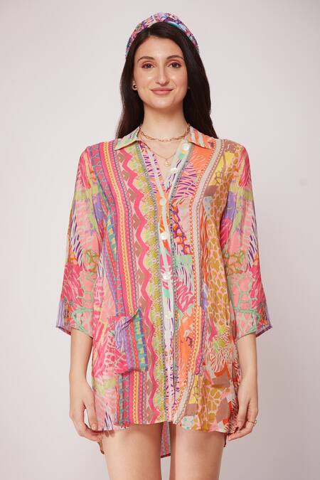 Siddhartha Bansal_Multi Color Crepe Abstract , Animal Straight Collar Shirt _Online_at_Aza_Fashions