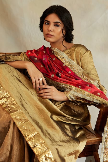 Buy Priyanka Raajiv Red Silk, Satin, Brocades, Upcycled Fabric- Chikankari Bead Gulshan Dupatta Online at Aza Fashions Buy_Priyanka Raajiv_Red Silk, Satin, Brocades, Upcycled Fabric- Chikankari Bead Gulshan Dupatta _Online_at_Aza_Fashions
