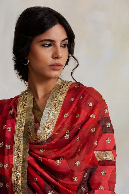 Shop Priyanka Raajiv Red Silk, Satin, Brocades, Upcycled Fabric- Chikankari Bead Gulshan Dupatta Online at Aza Fashions Shop_Priyanka Raajiv_Red Silk, Satin, Brocades, Upcycled Fabric- Chikankari Bead Gulshan Dupatta _Online_at_Aza_Fashions