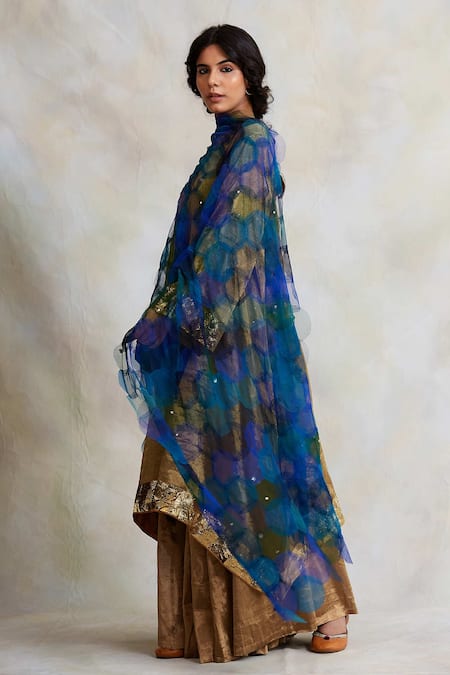 Priyanka Raajiv_Blue Tulle Bead Work, Sequins, Patchwork Indivar Dupatta _Online_at_Aza_Fashions