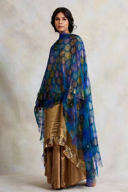 Buy_Priyanka Raajiv_Blue Tulle Bead Work, Sequins, Patchwork Indivar Dupatta _Online_at_Aza_Fashions