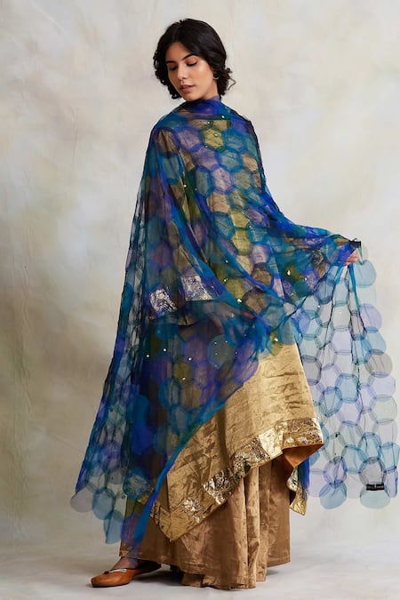 Shop_Priyanka Raajiv_Blue Tulle Bead Work, Sequins, Patchwork Indivar Dupatta _Online_at_Aza_Fashions