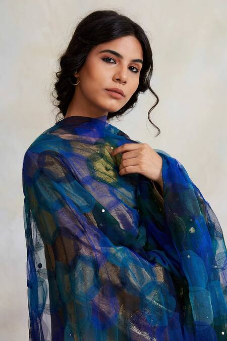 Priyanka Raajiv_Blue Tulle Bead Work, Sequins, Patchwork Indivar Dupatta _at_Aza_Fashions