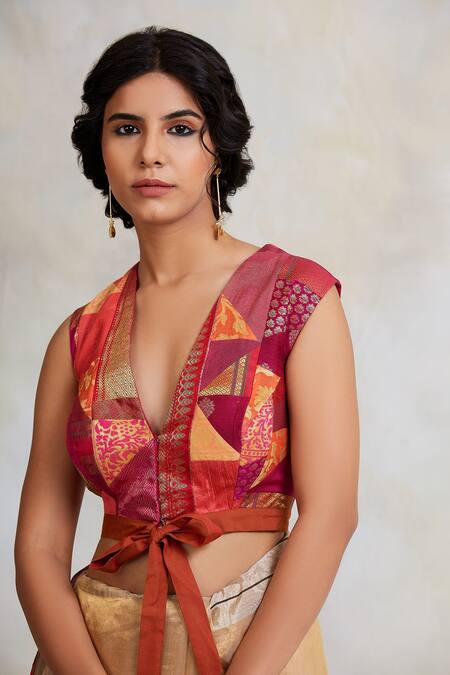 Priyanka Raajiv_Pink Patchwork V Neck Arnit Upcycled Fabric Blouse _Online_at_Aza_Fashions