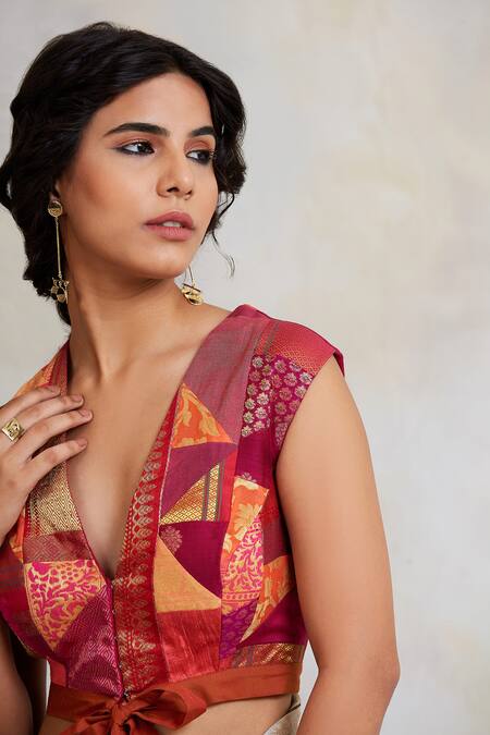 Buy_Priyanka Raajiv_Pink Patchwork V Neck Arnit Upcycled Fabric Blouse _Online_at_Aza_Fashions