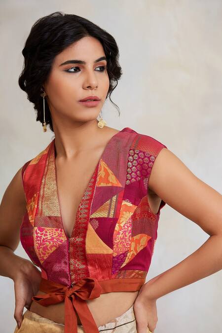 Shop_Priyanka Raajiv_Pink Patchwork V Neck Arnit Upcycled Fabric Blouse _Online_at_Aza_Fashions
