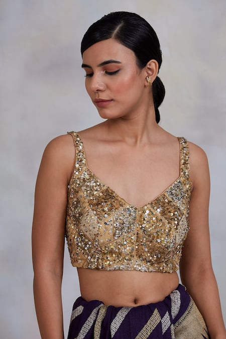 Priyanka Raajiv_Gold Silk Brocade Sequins, Thread Work, Patchwork V Neck Raihan Upcycled Blouse _Online_at_Aza_Fashions