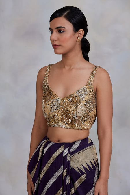 Buy_Priyanka Raajiv_Gold Silk Brocade Sequins, Thread Work, Patchwork V Neck Raihan Upcycled Blouse _Online_at_Aza_Fashions