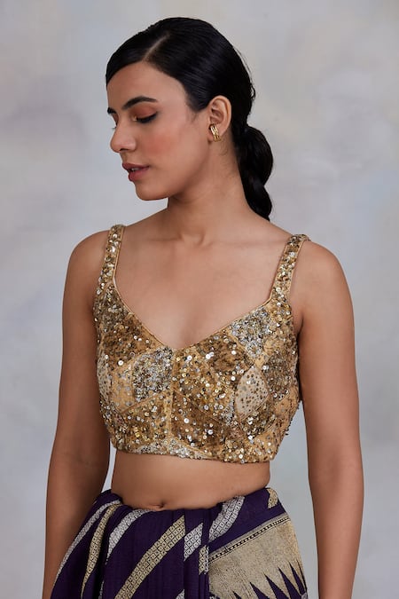 Shop_Priyanka Raajiv_Gold Silk Brocade Sequins, Thread Work, Patchwork V Neck Raihan Upcycled Blouse _Online_at_Aza_Fashions